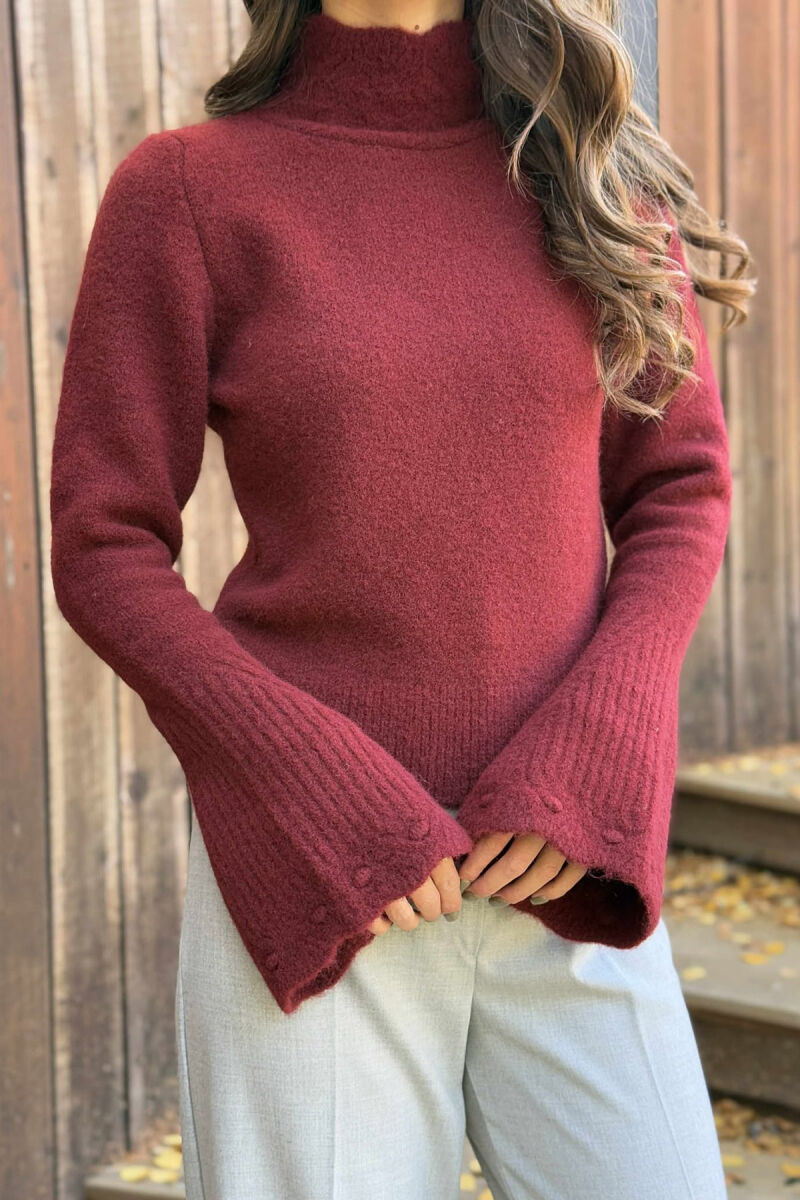 HIGH NECK ONE COLOR WOMEN SWEATER BURGUNDY/VISHNJE - 4