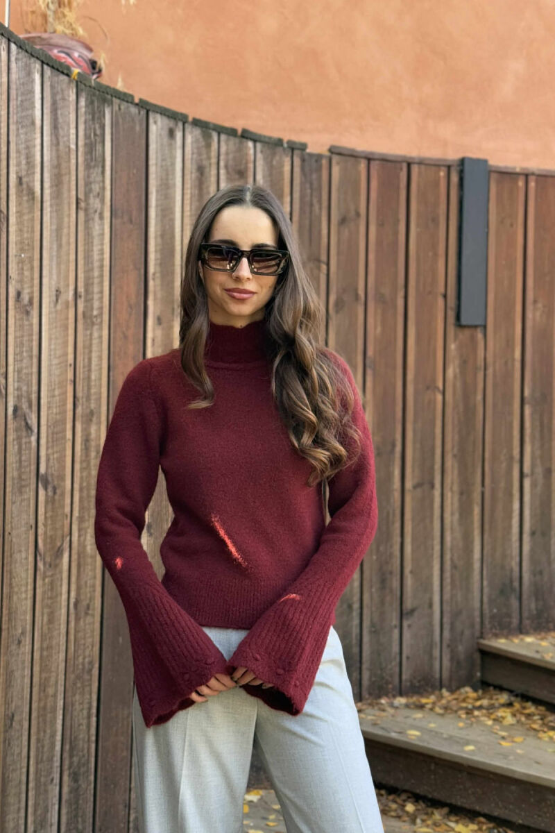 HIGH NECK ONE COLOR WOMEN SWEATER BURGUNDY/VISHNJE - 2