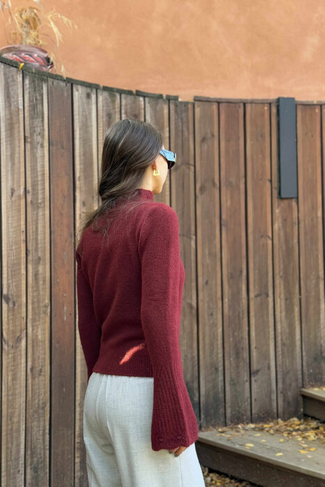 HIGH NECK ONE COLOR WOMEN SWEATER BURGUNDY/VISHNJE - 3