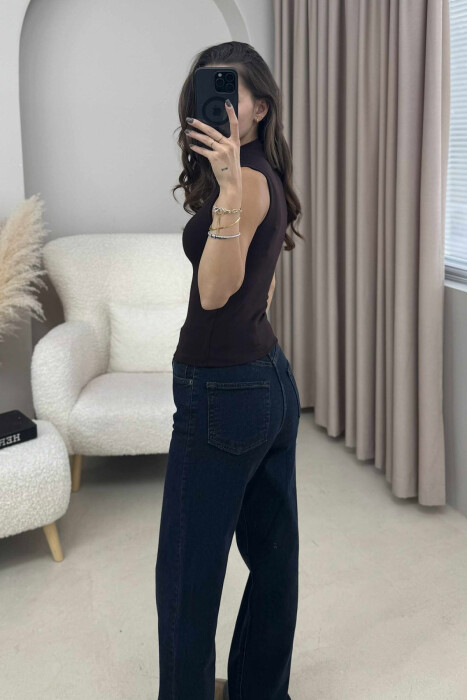 HIGH NECK ONE COLOR WOMEN TANK TOP DARK BROWN/KAE - 6