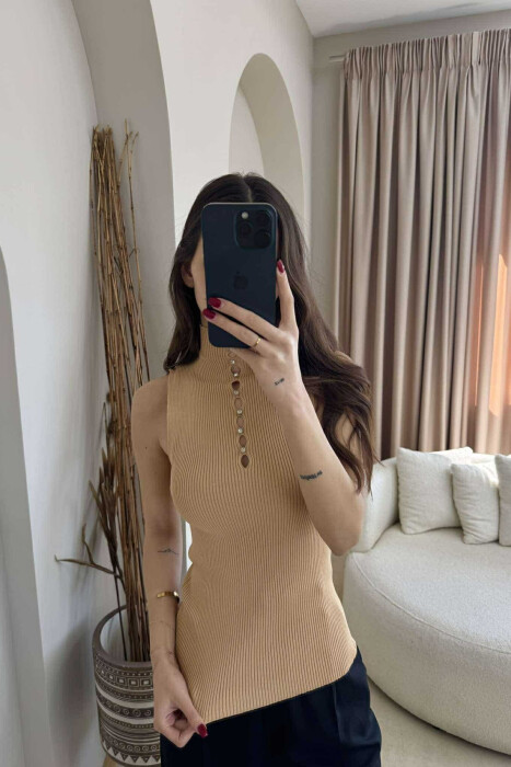 HIGH NECK SHINY STONES WOMEN TANK TOP BEIGE/BEZHE - 2