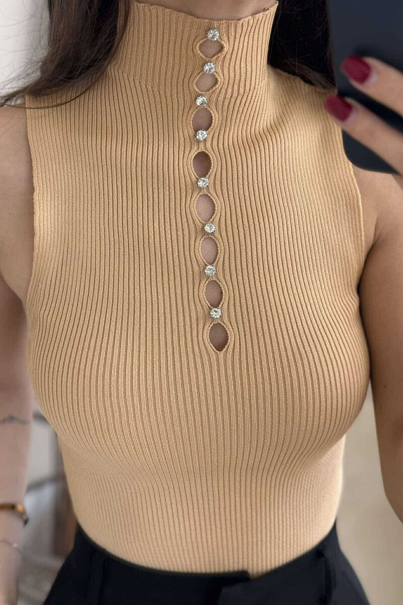 HIGH NECK SHINY STONES WOMEN TANK TOP BEIGE/BEZHE - 3