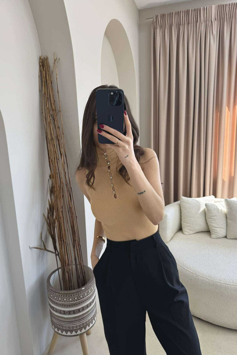 HIGH NECK SHINY STONES WOMEN TANK TOP BEIGE/BEZHE - 4