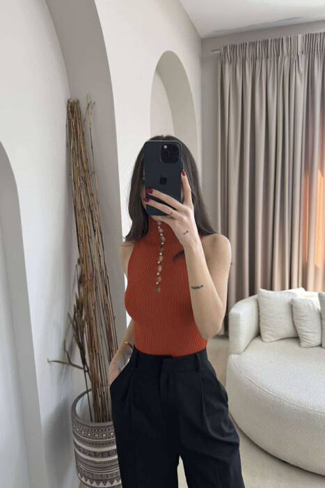 HIGH NECK SHINY STONES WOMEN TANK TOP BRICK/TULLE - 1