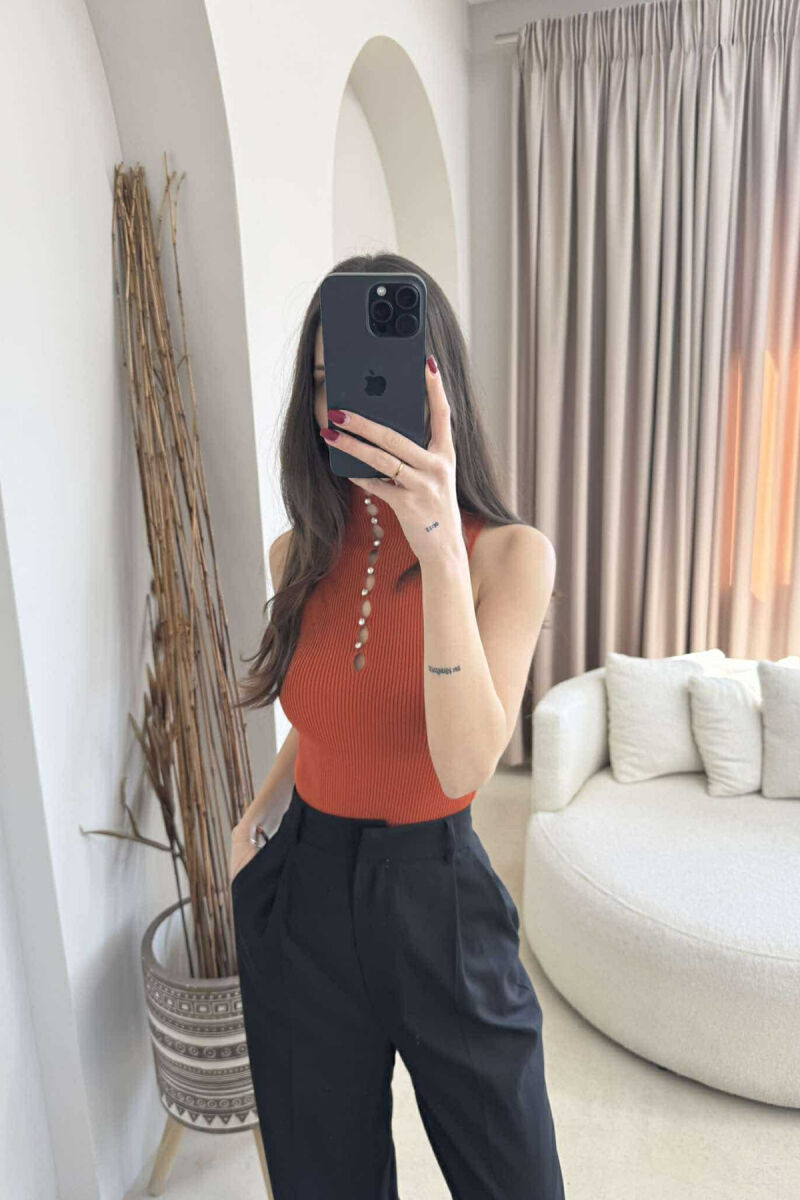 HIGH NECK SHINY STONES WOMEN TANK TOP BRICK/TULLE - 2
