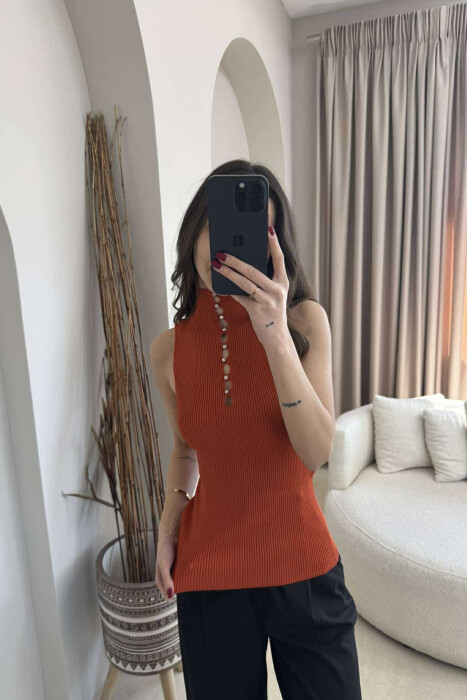 HIGH NECK SHINY STONES WOMEN TANK TOP BRICK/TULLE - 3