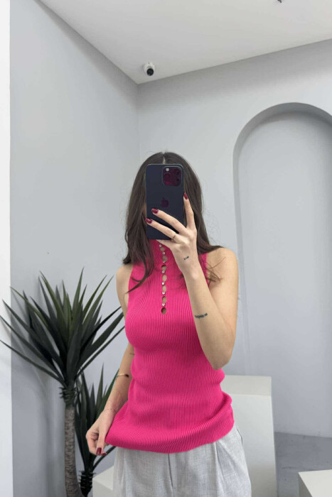 HIGH NECK SHINY STONES WOMEN TANK TOP FUCHSIA/CIKLAMI - KLAUDIO FASHION