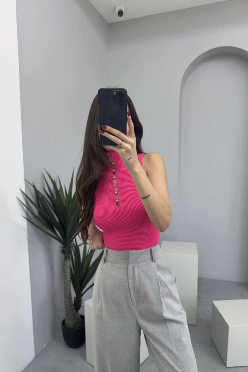 HIGH NECK SHINY STONES WOMEN TANK TOP FUCHSIA/CIKLAMI - 4