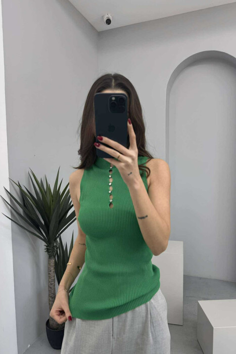 HIGH NECK SHINY STONES WOMEN TANK TOP GREEN/JESHILE - 2