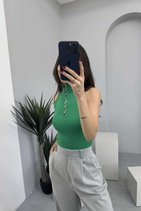 HIGH NECK SHINY STONES WOMEN TANK TOP GREEN/JESHILE - 3