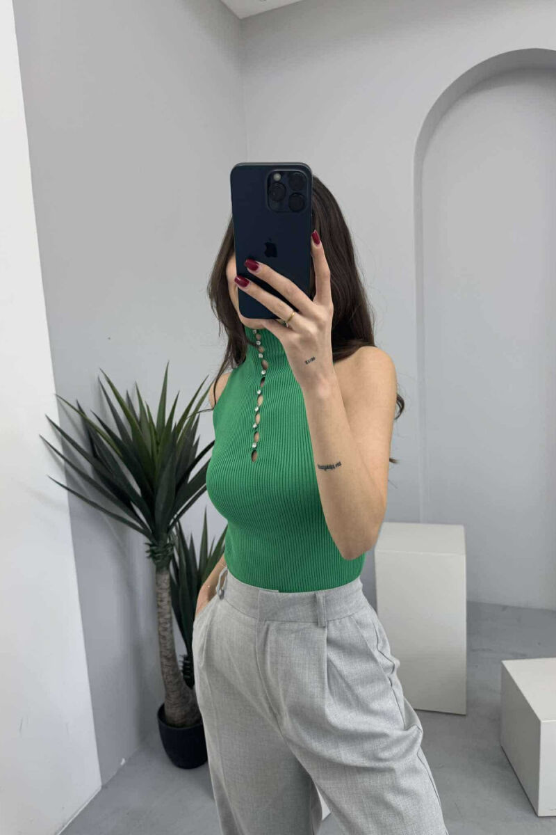 HIGH NECK SHINY STONES WOMEN TANK TOP GREEN/JESHILE - 3