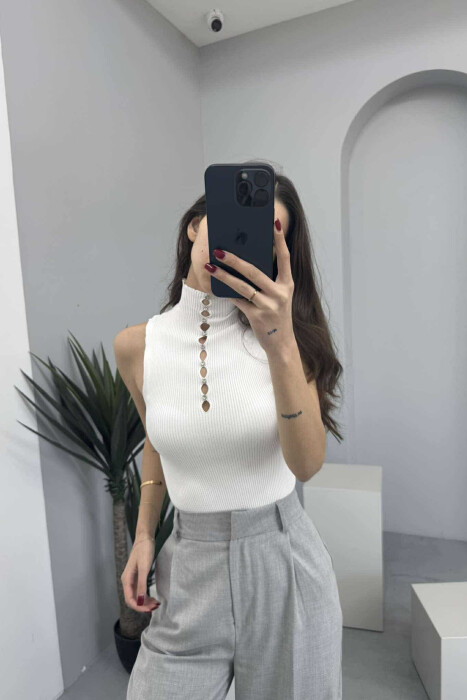 HIGH NECK SHINY STONES WOMEN TANK TOP WHITE-E BARDHE 
