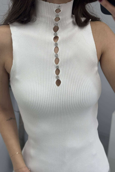 HIGH NECK SHINY STONES WOMEN TANK TOP WHITE-E BARDHE - 3