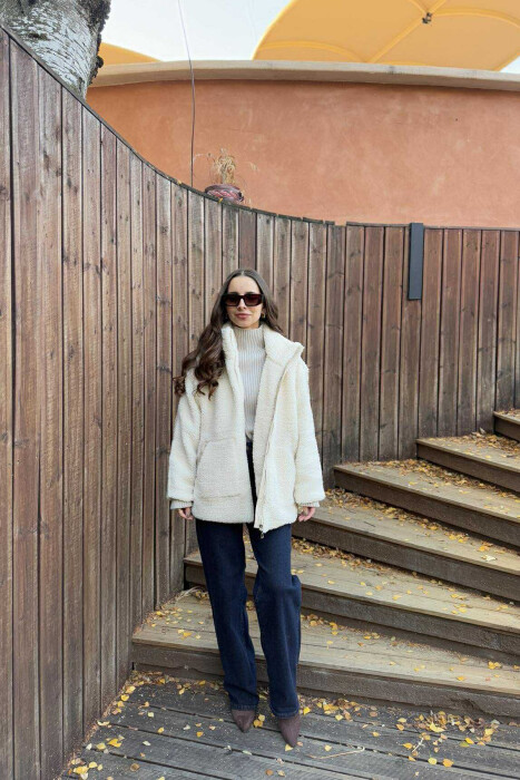 HIGH NECK SIMPLE FLUFFY WOMEN JACKET CREAM/KREM 