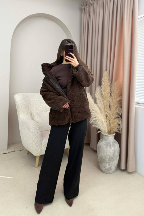 HIGH NECK SIMPLE FLUFFY WOMEN JACKET DARK BROWN/KAE - 2