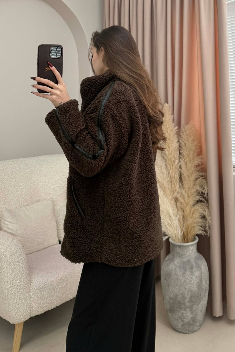 HIGH NECK SIMPLE FLUFFY WOMEN JACKET DARK BROWN/KAE - 3