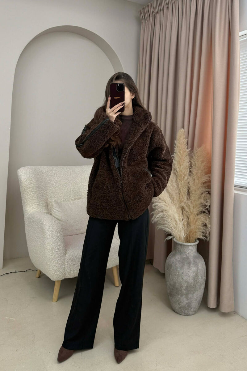 HIGH NECK SIMPLE FLUFFY WOMEN JACKET DARK BROWN/KAE - 4
