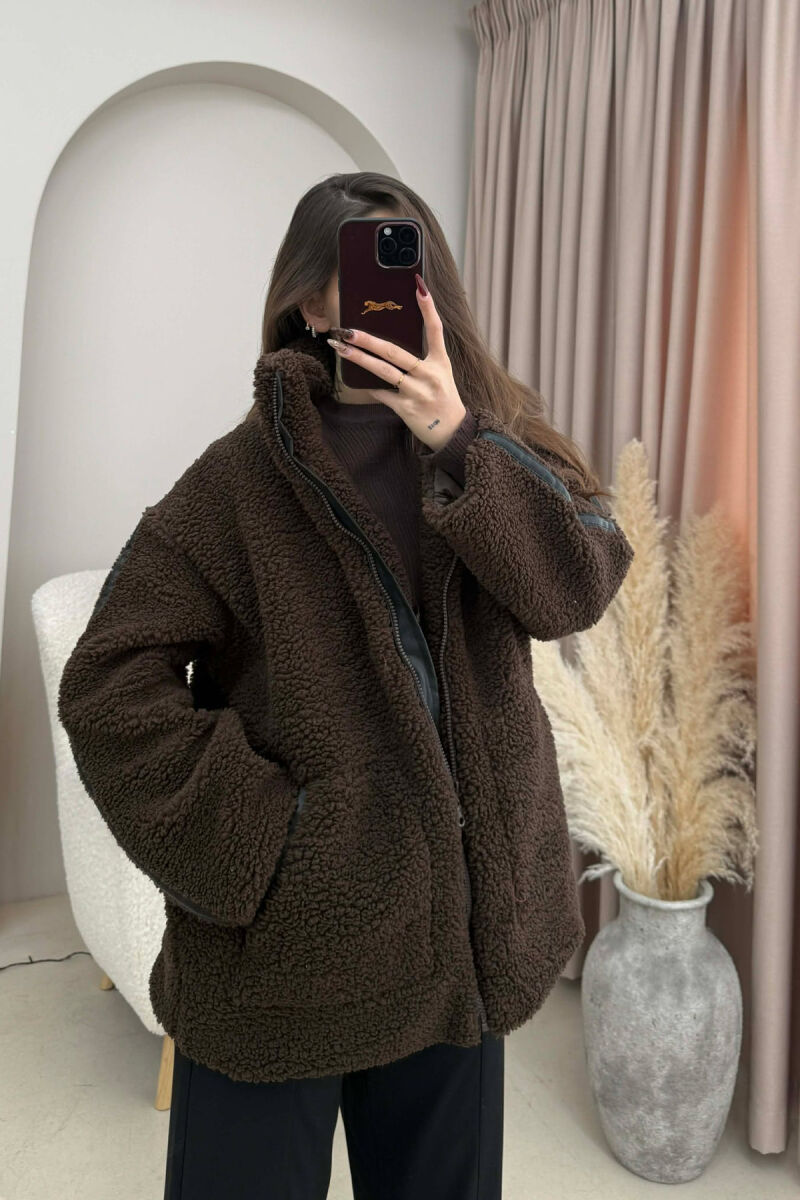 HIGH NECK SIMPLE FLUFFY WOMEN JACKET DARK BROWN/KAE - 1