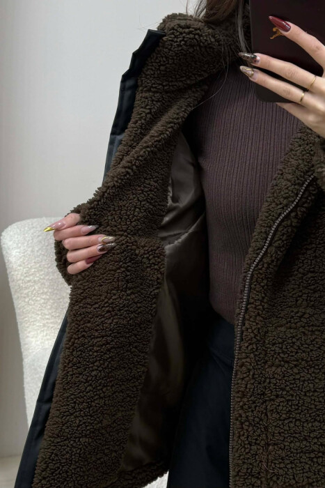 HIGH NECK SIMPLE FLUFFY WOMEN JACKET DARK BROWN/KAE - 5