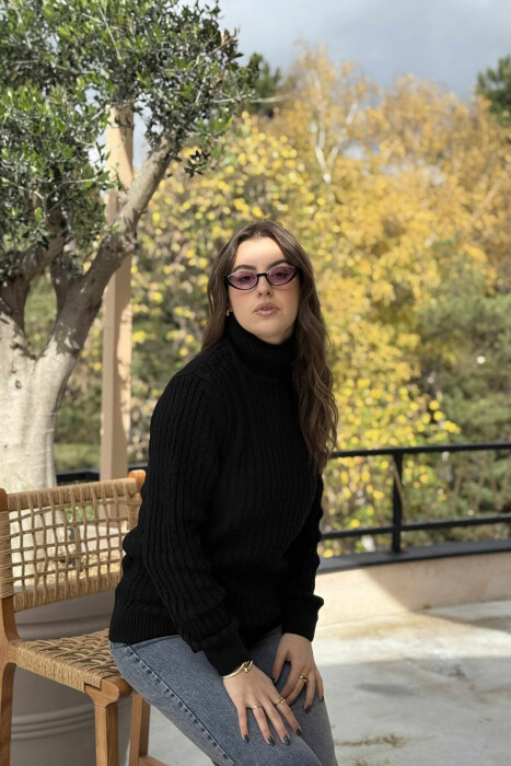 HIGH NECK SIMPLE ONE COLOR WOMEN SWEATER BLACK/ E ZEZE - 3