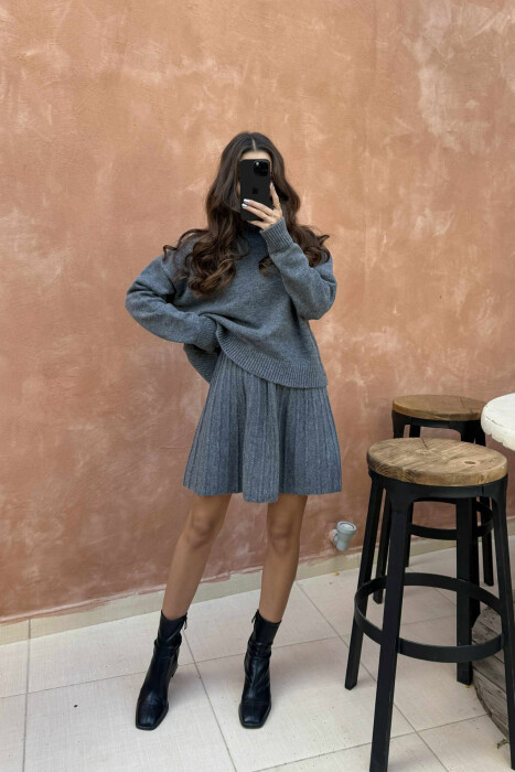 HIGH NECK SWEATER+SHORT SKIRT KNIT WOMAN SET GREY/GRI 