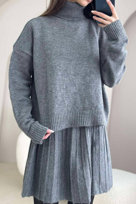 HIGH NECK SWEATER+SHORT SKIRT KNIT WOMAN SET GREY/GRI - 7