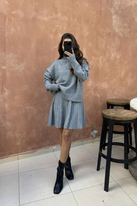 HIGH NECK SWEATER+SHORT SKIRT KNIT WOMAN SET LIGHT GREY/GZ - 1