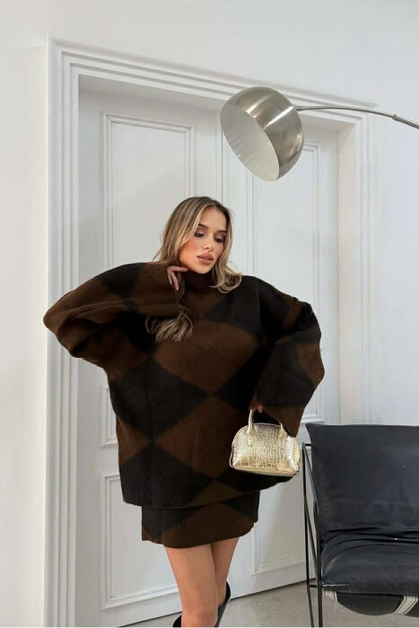 HIGH NECK SWEATER+SKIRT KNIT WOMEN SET DARK BROWN/KAE - 2