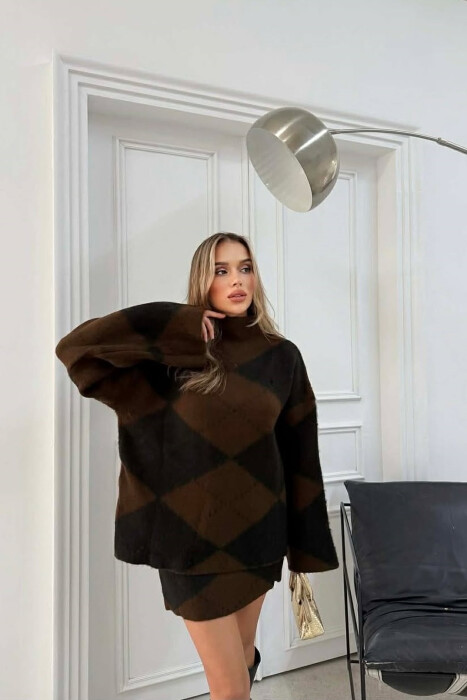 HIGH NECK SWEATER+SKIRT KNIT WOMEN SET DARK BROWN/KAE - 3