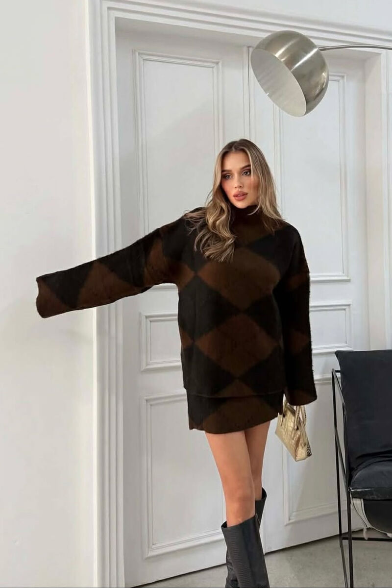 HIGH NECK SWEATER+SKIRT KNIT WOMEN SET DARK BROWN/KAE - 4