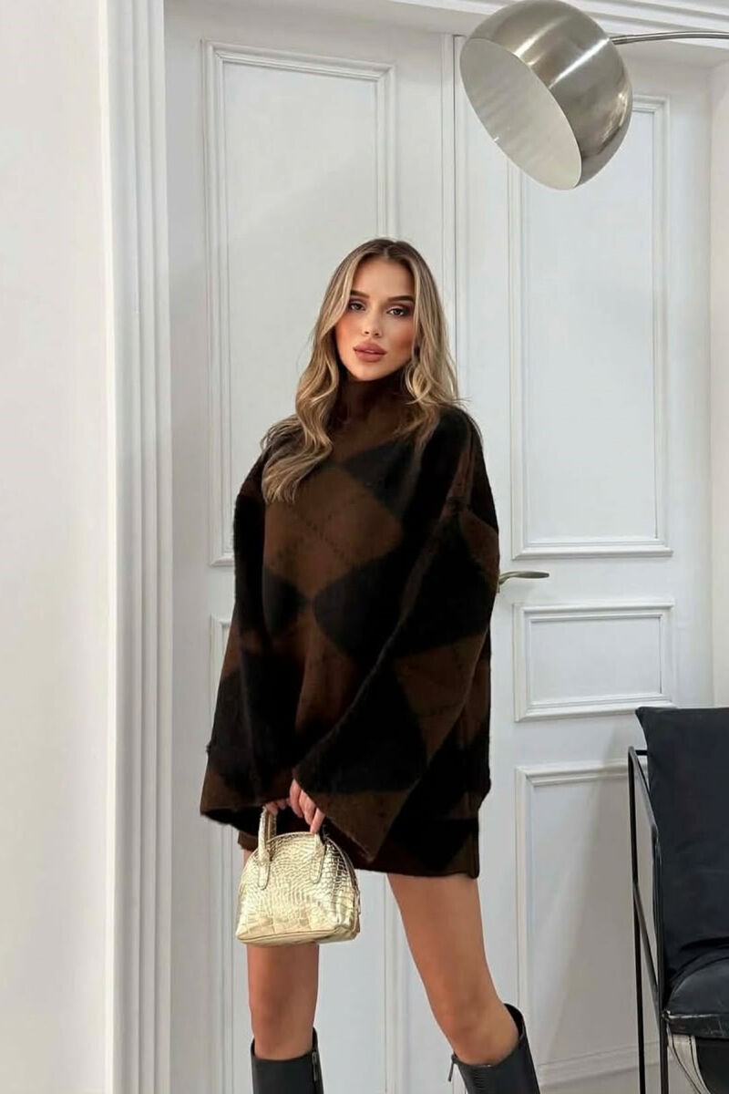 HIGH NECK SWEATER+SKIRT KNIT WOMEN SET DARK BROWN/KAE - 5