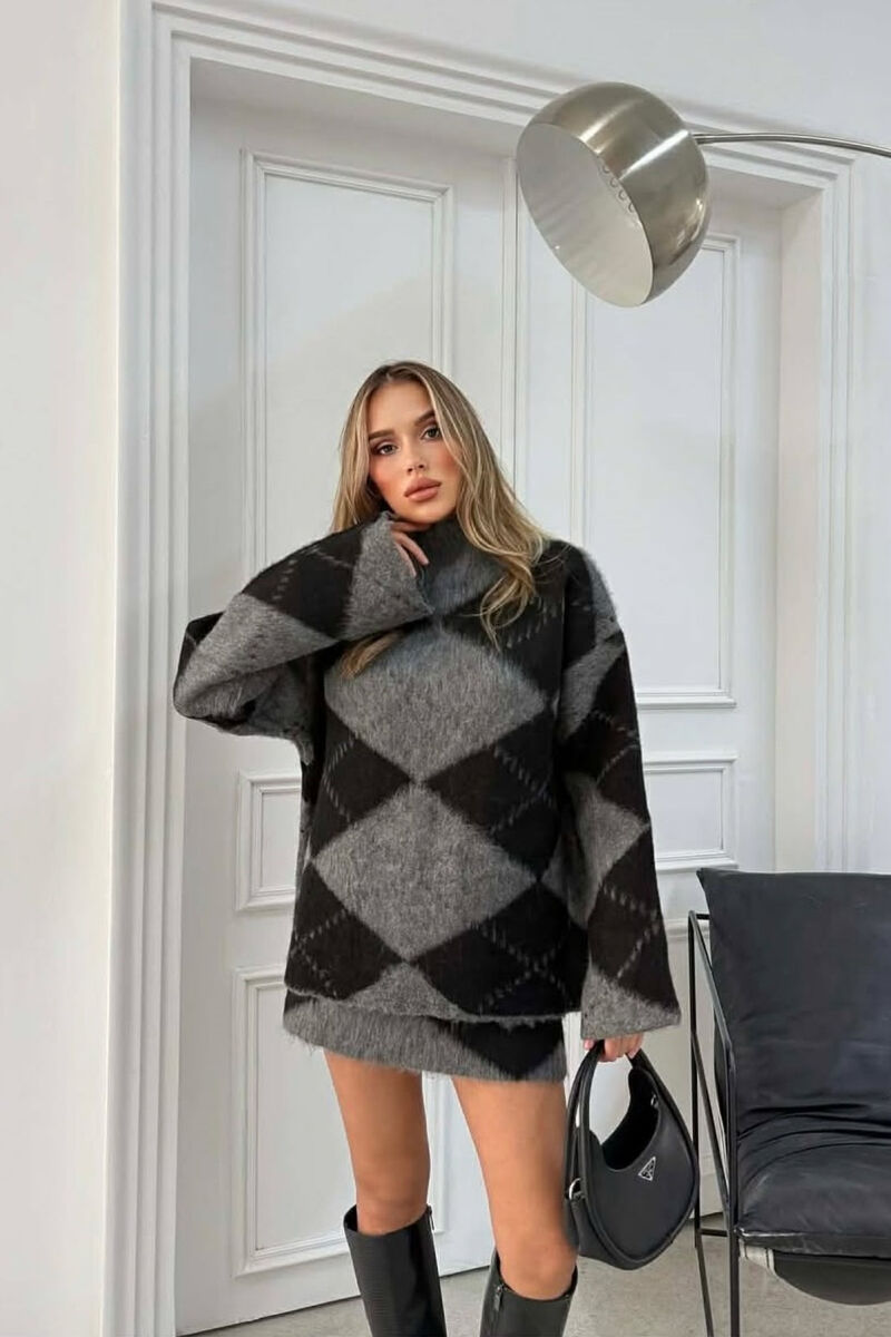 HIGH NECK SWEATER+SKIRT KNIT WOMEN SET DARK GREY/GEE - 5