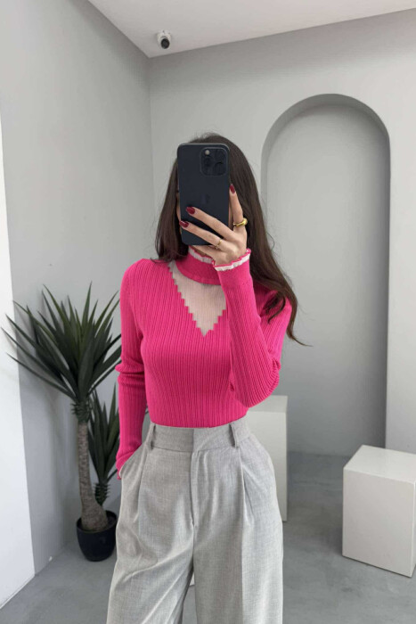 HIGH NECK TRIMMED WOMEN SWEATER FUCHSIA/CIKLAMI 