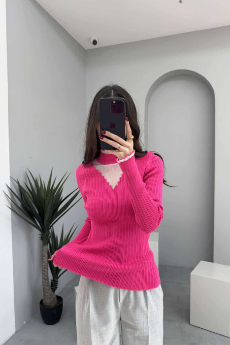 HIGH NECK TRIMMED WOMEN SWEATER FUCHSIA/CIKLAMI - 2