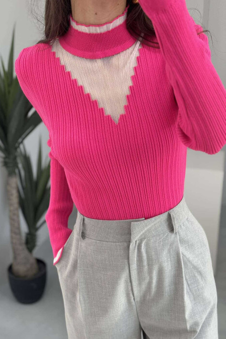 HIGH NECK TRIMMED WOMEN SWEATER FUCHSIA/CIKLAMI - 3