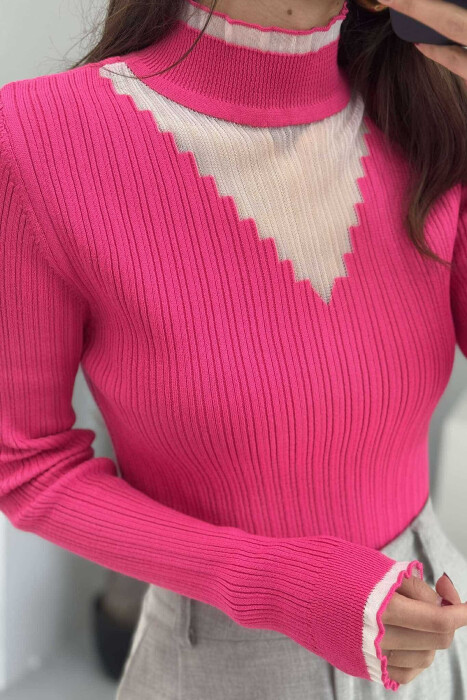 HIGH NECK TRIMMED WOMEN SWEATER FUCHSIA/CIKLAMI - 4