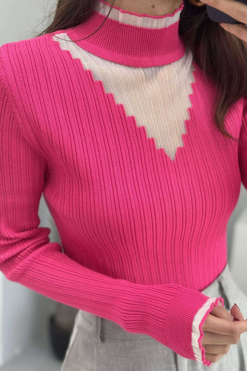 HIGH NECK TRIMMED WOMEN SWEATER FUCHSIA/CIKLAMI - 4
