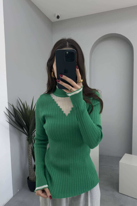 HIGH NECK TRIMMED WOMEN SWEATER LIGHT GREEN/JEZB - 2
