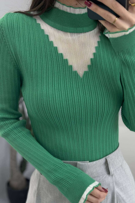 HIGH NECK TRIMMED WOMEN SWEATER LIGHT GREEN/JEZB - 3