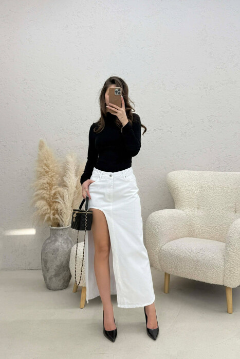 HIGH SPLIT LONG DENIM WOMEN SKIRT WHITE-E BARDHE - KLAUDIO FASHION