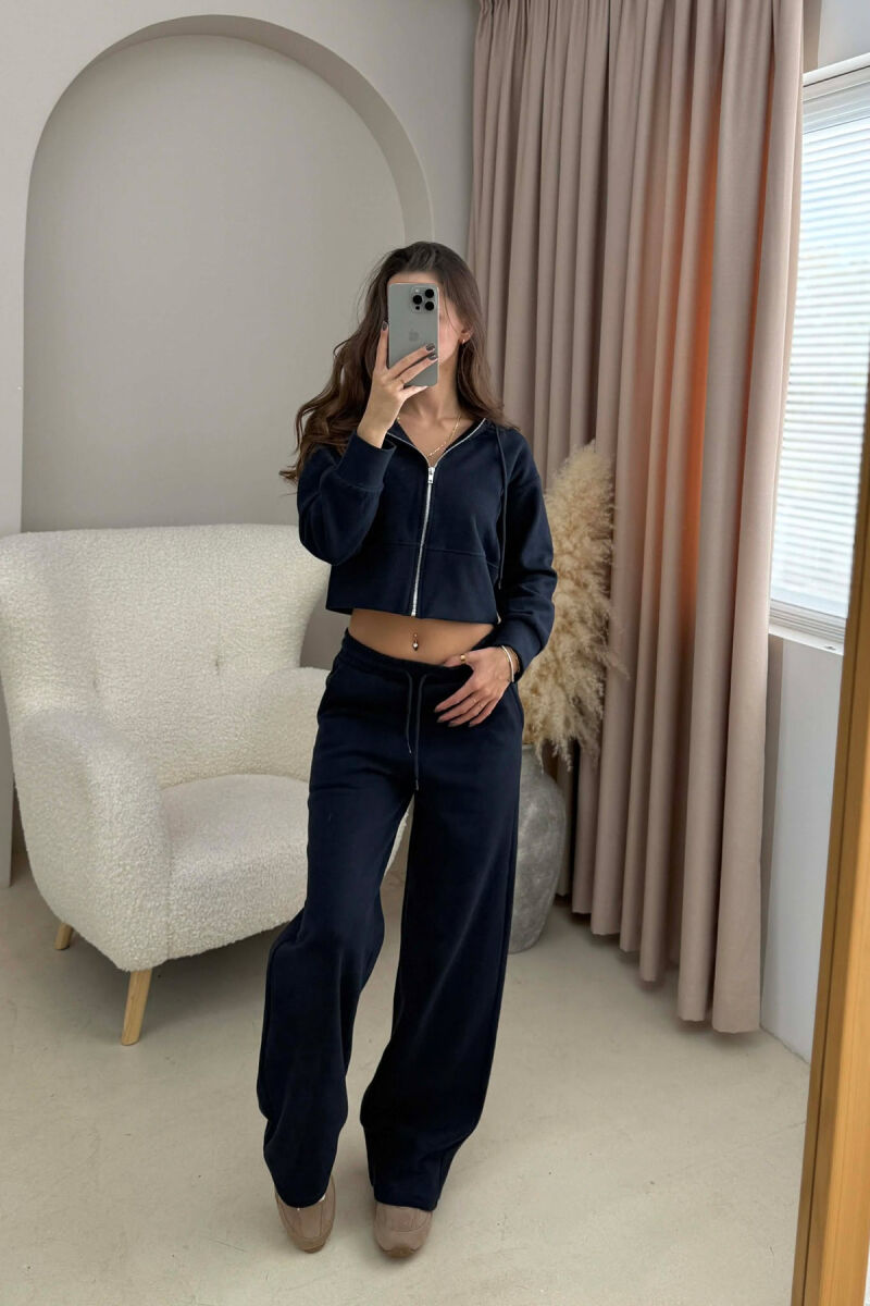 HOOD CROPPED JACKET+SWEATPANTS SIMPLE WOMEN SET DARK BLUE/BEE - 1