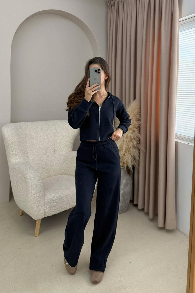 HOOD CROPPED JACKET+SWEATPANTS SIMPLE WOMEN SET DARK BLUE/BEE - 2
