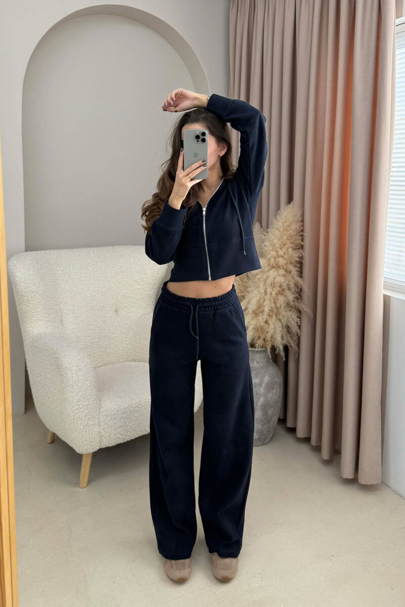 HOOD CROPPED JACKET+SWEATPANTS SIMPLE WOMEN SET DARK BLUE/BEE - 5