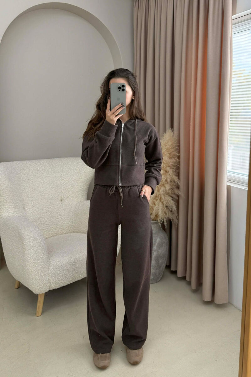 HOOD CROPPED JACKET+SWEATPANTS SIMPLE WOMEN SET DARK BROWN/KAE - 1