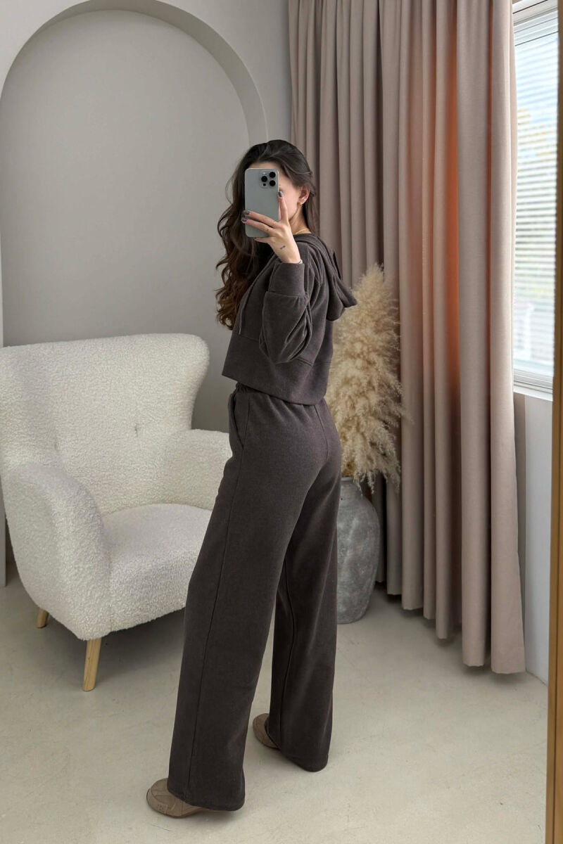 HOOD CROPPED JACKET+SWEATPANTS SIMPLE WOMEN SET DARK BROWN/KAE - 3