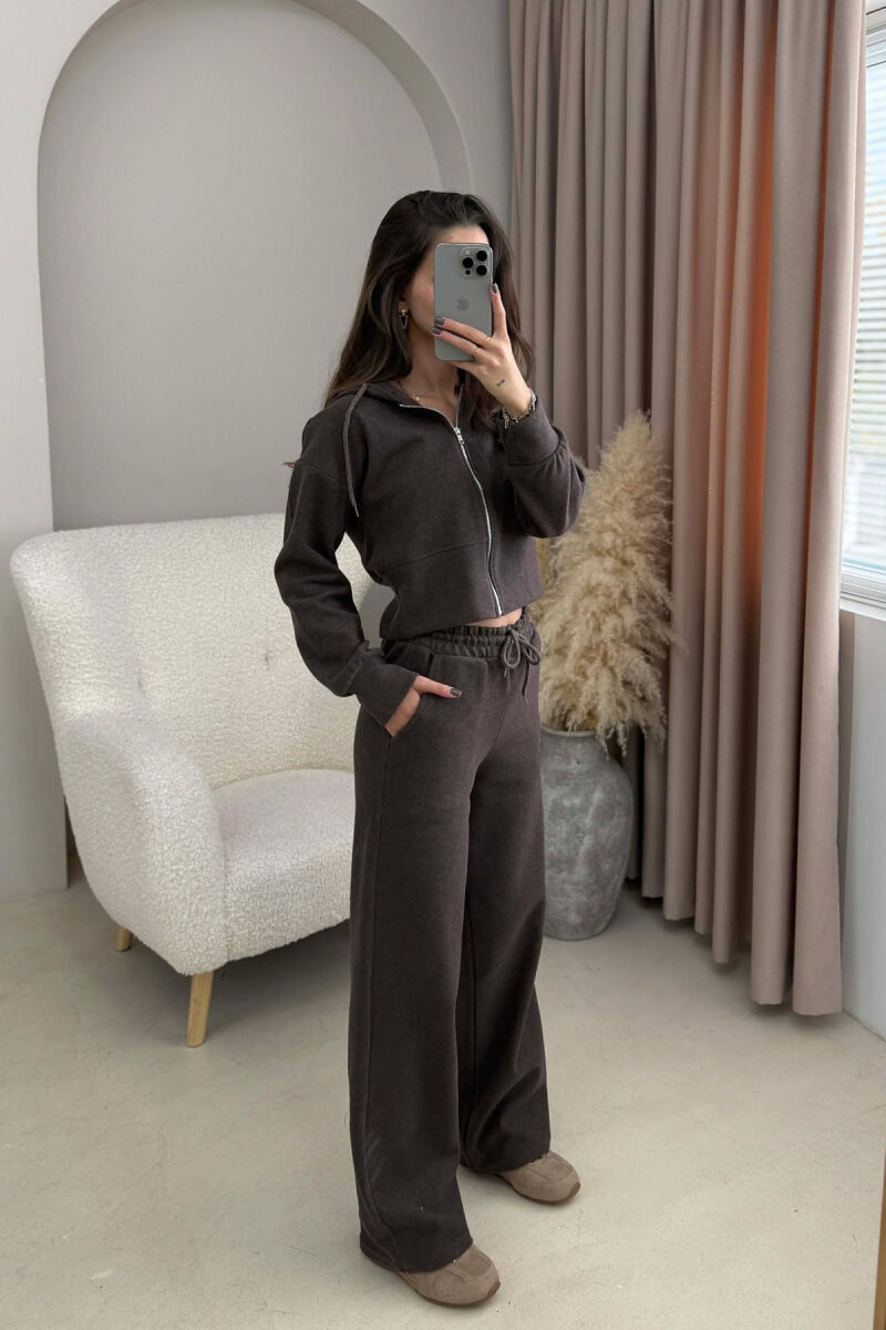 HOOD CROPPED JACKET+SWEATPANTS SIMPLE WOMEN SET DARK BROWN/KAE - 4