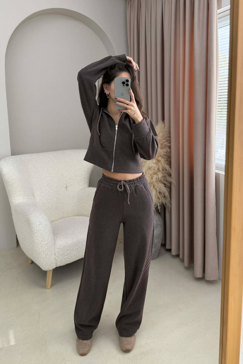 HOOD CROPPED JACKET+SWEATPANTS SIMPLE WOMEN SET DARK BROWN/KAE - 5