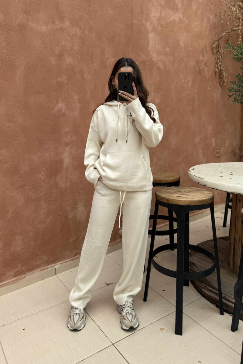 HOOD SWEATER+TROUSERS ONE COLOR KNIT WOMAN SET CREAM/KREM - 2
