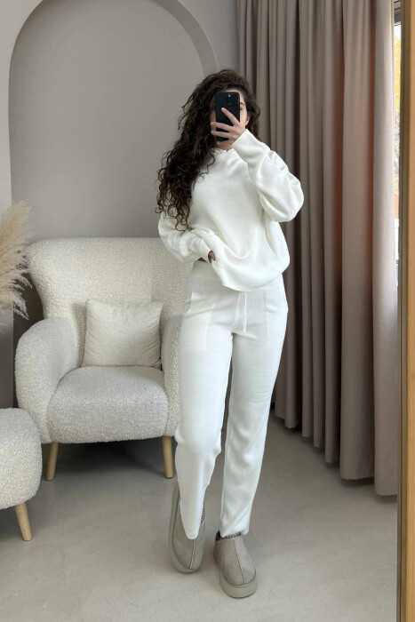 HOOD SWEATER+TROUSERS ONE COLOR KNIT WOMAN SET WHITE-E BARDHE - 1