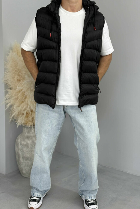 HOOD ZIPPER POCKET MEN VEST BLACK/ E ZEZE - 2